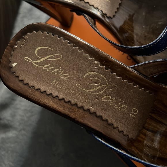 Luisa D’orio faux leather straps cut out wooden heel blue sandals , size 10 - Picture 3 of 7